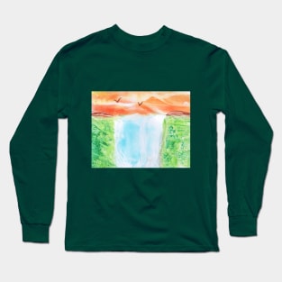 Landscape with waterfall and birds, beautiful nature. Encaustic, art decoration, sketch. Long Sleeve T-Shirt